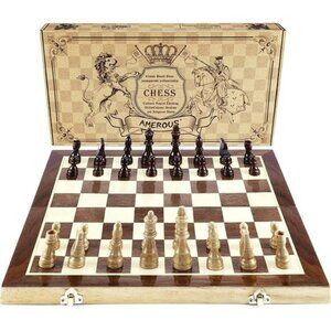 Chess Set, 15"x15" Folding Magnetic Wooden Standard Chess Game Board Set